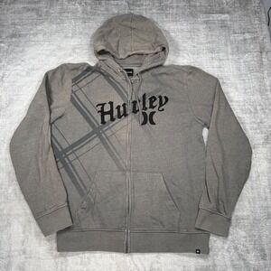 Hurley Sweatshirt Mens Large Grey Full Zip Hoodie Plaid Faded Spell Out Y2K Surf